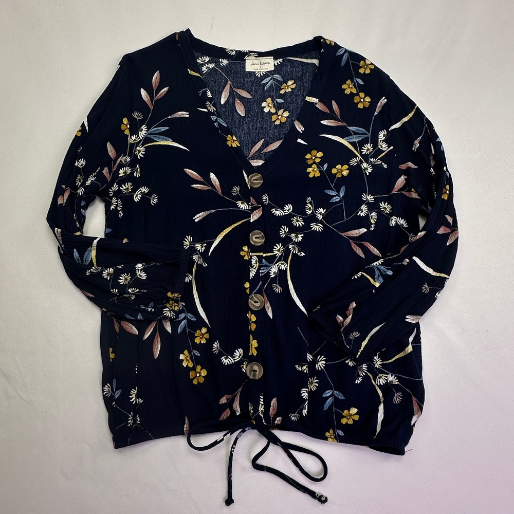 Boho Cottagecore Navy Floral Print V-Neck Drawstring Hem Button Up Lightweight‎